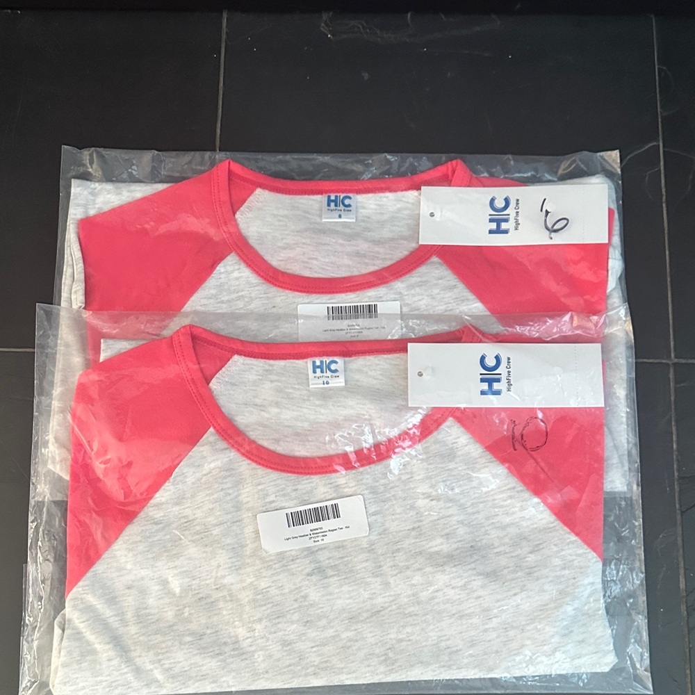 High Five Crew light gray heather & watermelon Raglan T. Size 6 & 10. Set of 2.